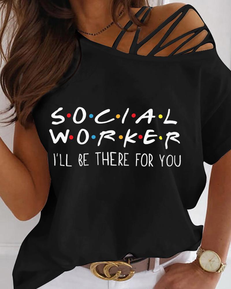 

Cold Shoulder Lace-up Letter Print T-shirt, Black