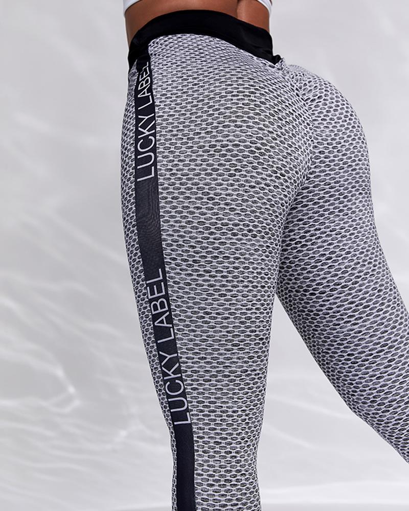 

Letter Print Butt Lift Tummy Control Honeycomb Leggings, Gray