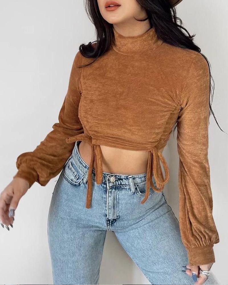 Buy Long Sleeve Drawstring Ruched Velvet Crop Top. Picture