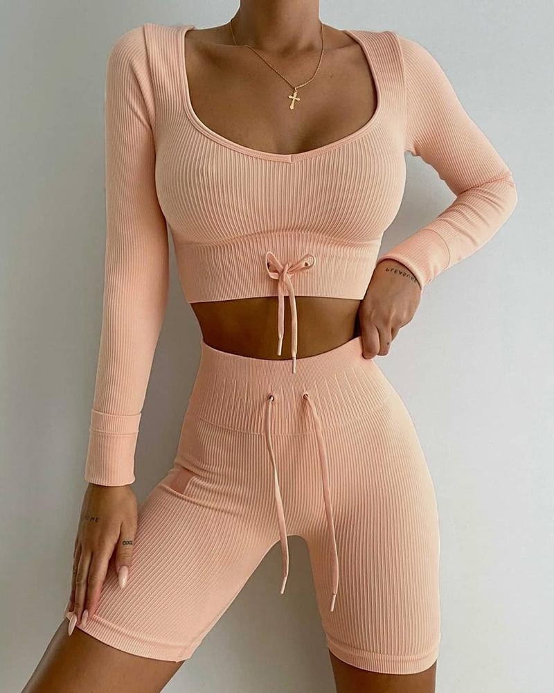 

Eyelet Drawstring High Waist Active Sets, Apricot