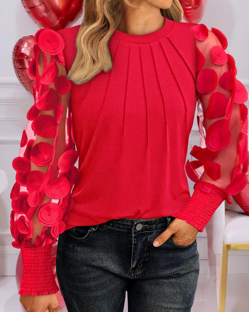 

Polka Dot Pattern Round Neck Long Sleeve Sheer Mesh Shirred Blouse Elegant Top, Red