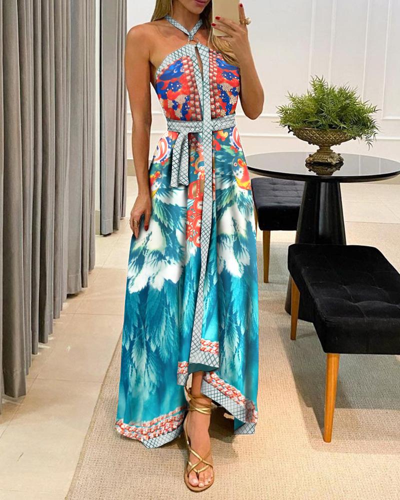 

Floral Graphic Print Halter O-Ring Maxi Dress, Multicolor