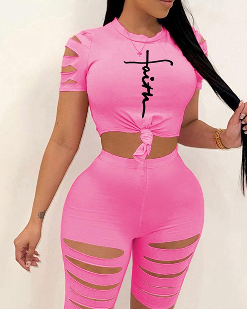

Ladder Cutout Letter Print Top & Shorts Set, Pink