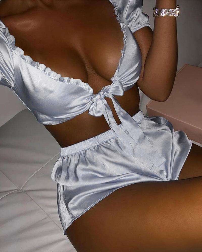

Solid Ruffles Short Sleeve Strappy Bra With Panties Sexy Sets, Gray