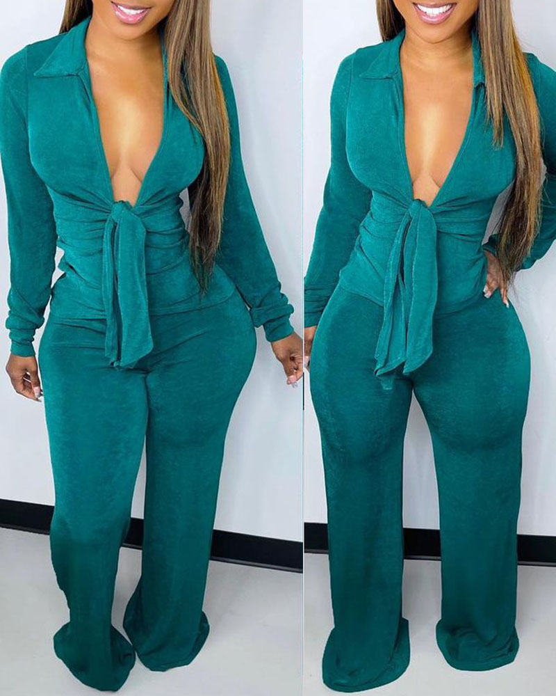 

Long Sleeve Tied Detail Top & Pants Set, Green