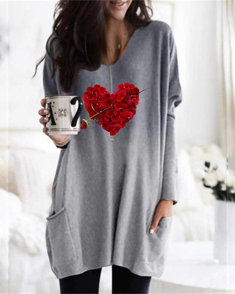 

Valentine' Day Floral Heart Print Ombre Casual Top, Gray
