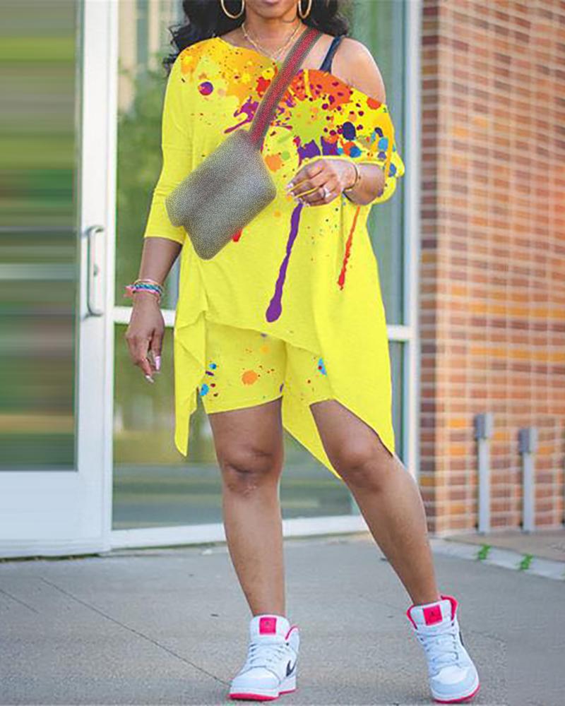 

Splash Ink Print Colorblock Long Sleeve Top & Shorts Set, Yellow
