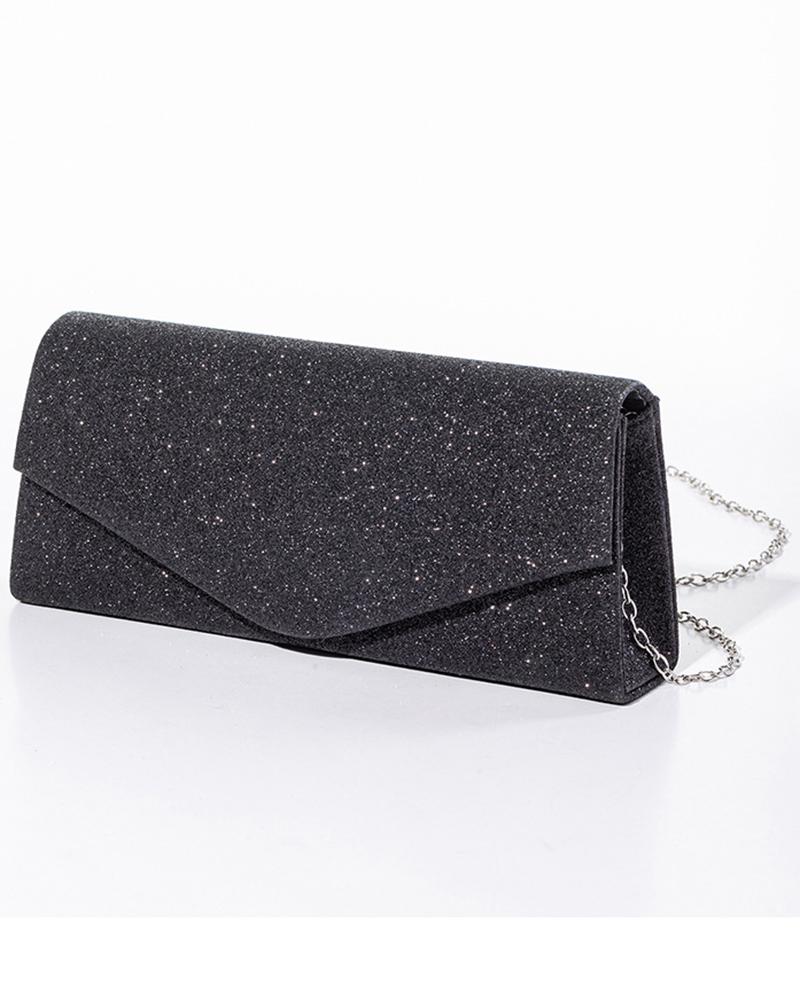 

Glitter Chain Strap Envelope Clutch Bag, Black