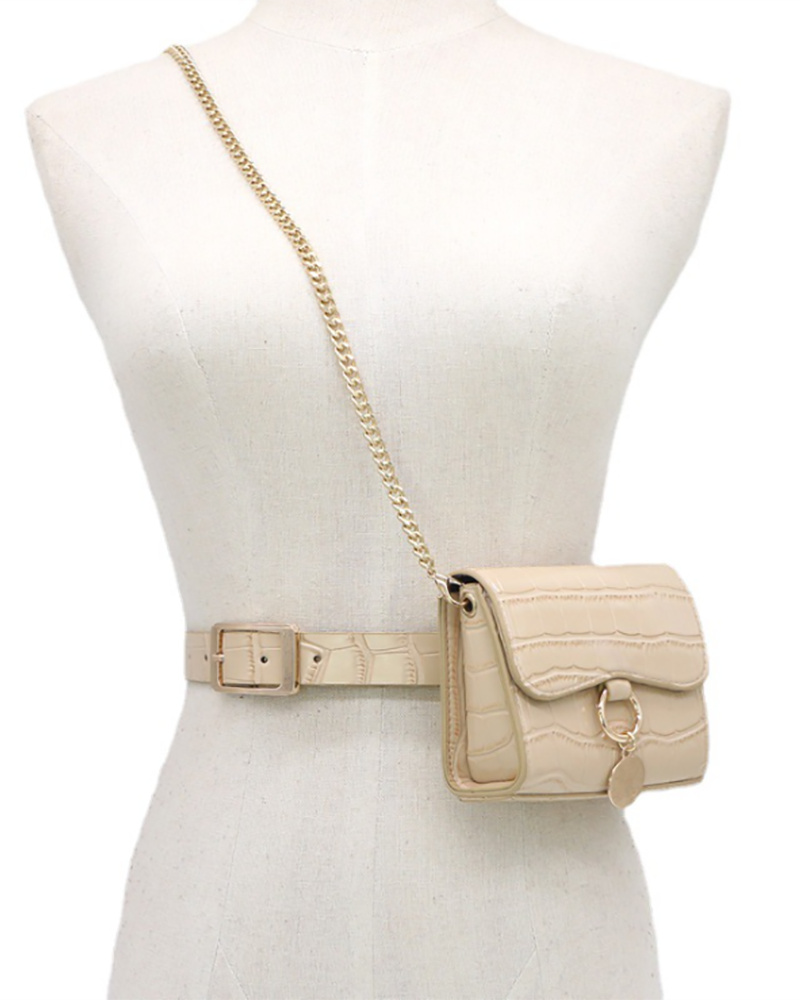 

Croc Embossed Eyelet Chain Strap Buckled O Ring Fanny Pack, Apricot