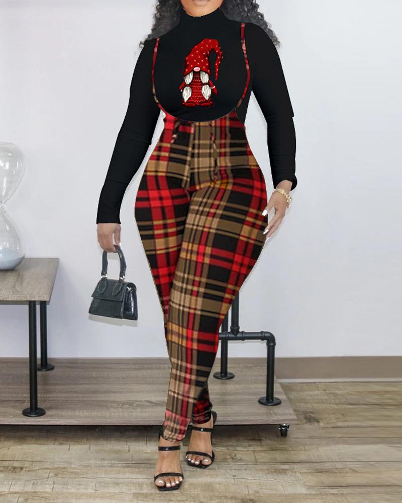 

Plus Size Christmas Gnome Plaid Print Top & Suspender Jumpsuit Set, Red