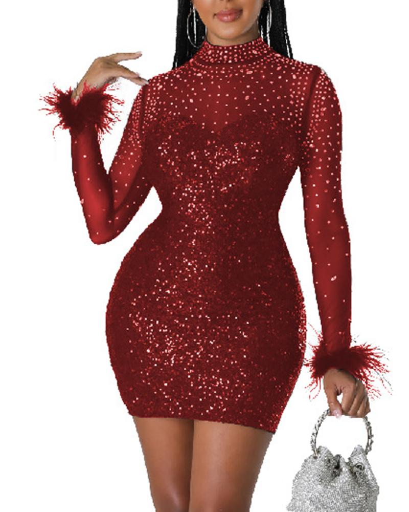 

Contrast Mesh Rhinestone Feather Detail Sequin Party Dress, Dark red