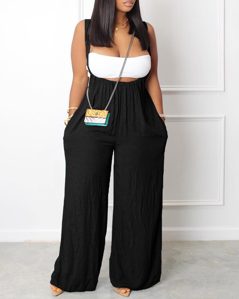 

Pocket Design Wide Leg Suspender Jumpsuit, Black