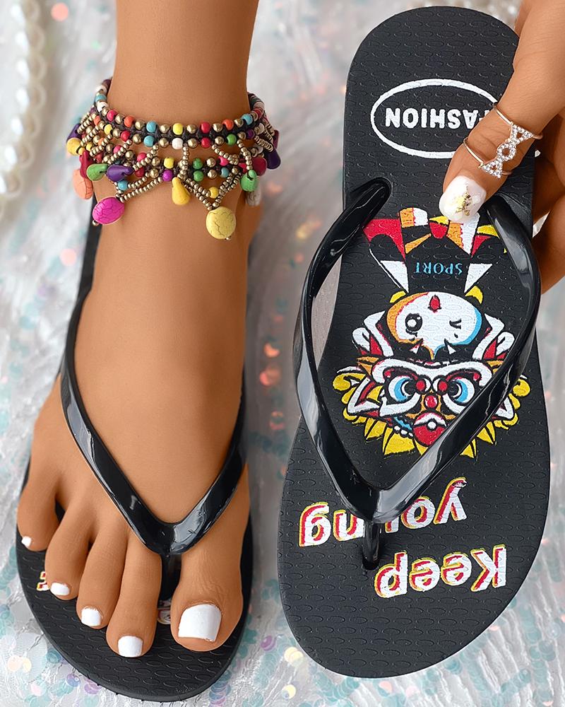 

Cartoon Print Non Slip Toe Post Flip Flops, Black