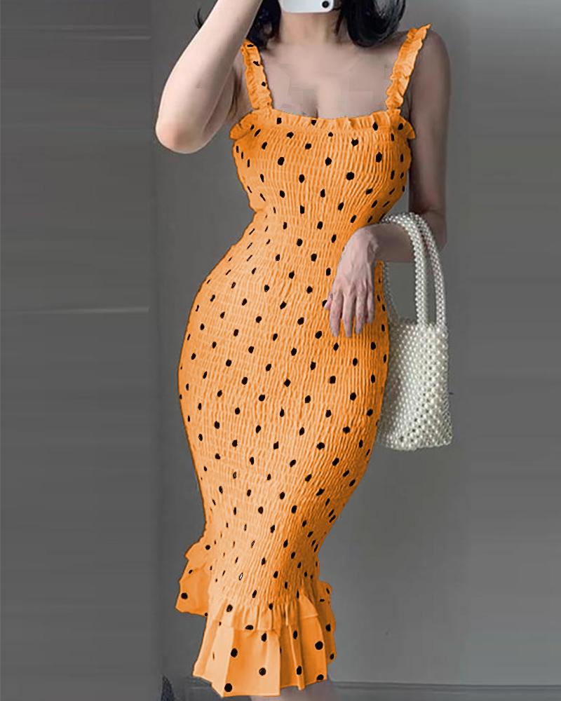 

Spaghetti Strap Polkadot Print Shirred Mermaid Dress, Yellow