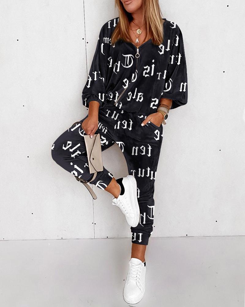 

Letter Print Velvet Lantern Sleeve Zip Front Top & Pants Set, Black