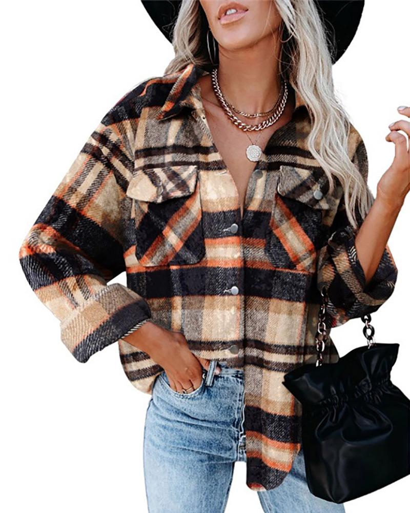 

Buttoned Pocket Design Plaid Print Top, Orange