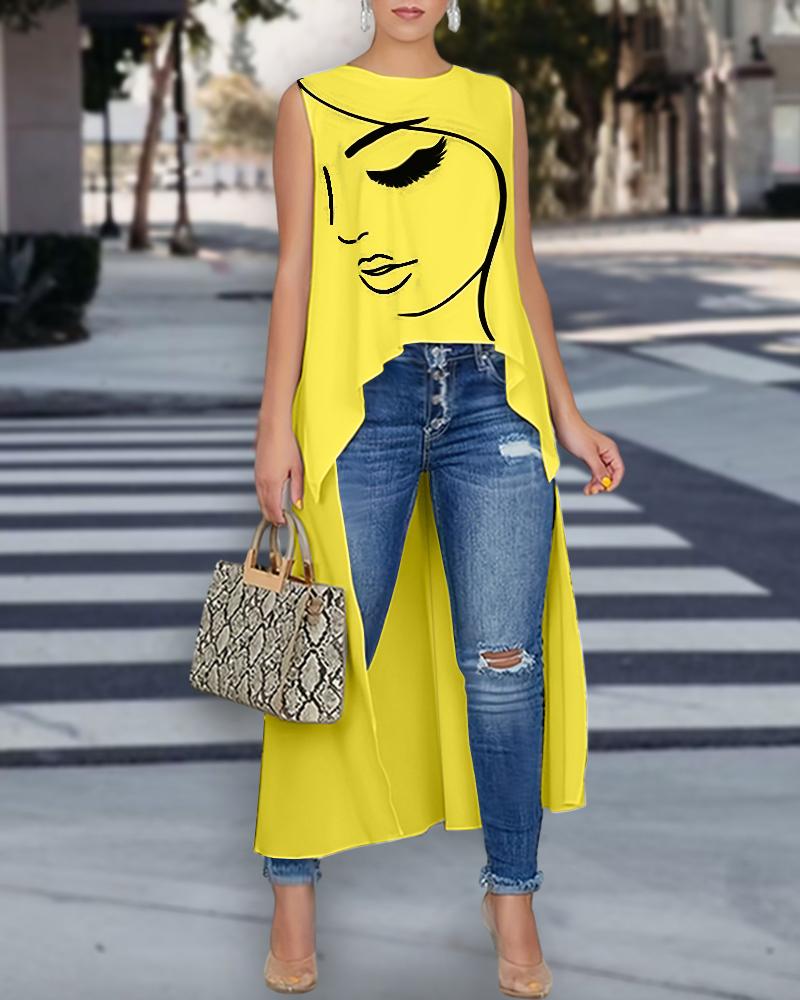 

Figure Print Asymmetrical Tank Top, Yellow