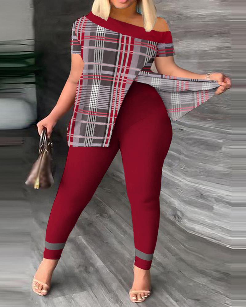 

Plus Size Plaid Print Split Hem Top & Pants Set, Red