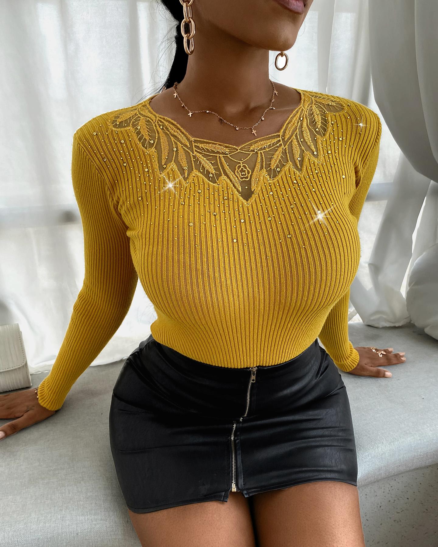 

Leaves Pattern Hollow Out Rhinestone Knit Sweater, Yellow