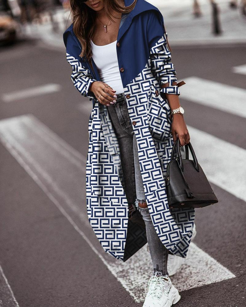 

Geometric Print Button Front Longline Trench Coat, Blue