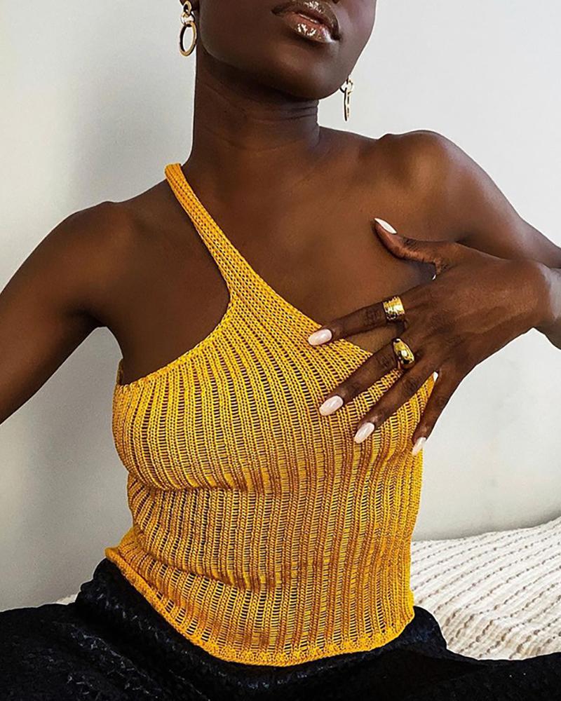 

One Shoulder Ribbed Plain Top, Yellow