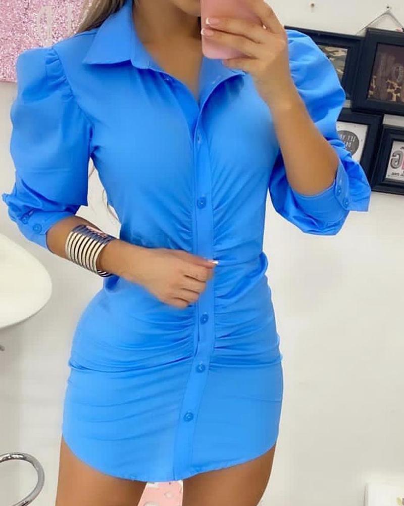 

Puff Sleeve Ruched Shirt Dress, Blue