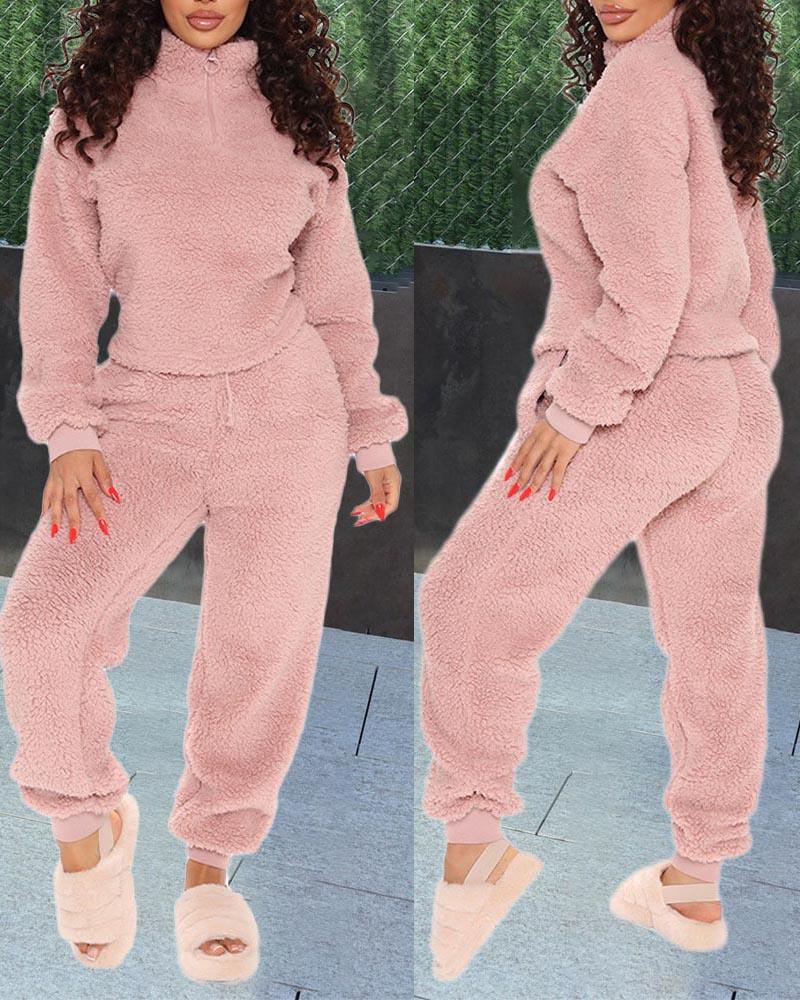 

Long Sleeve Zip Front Fluffy Top & Pants Set, Pink