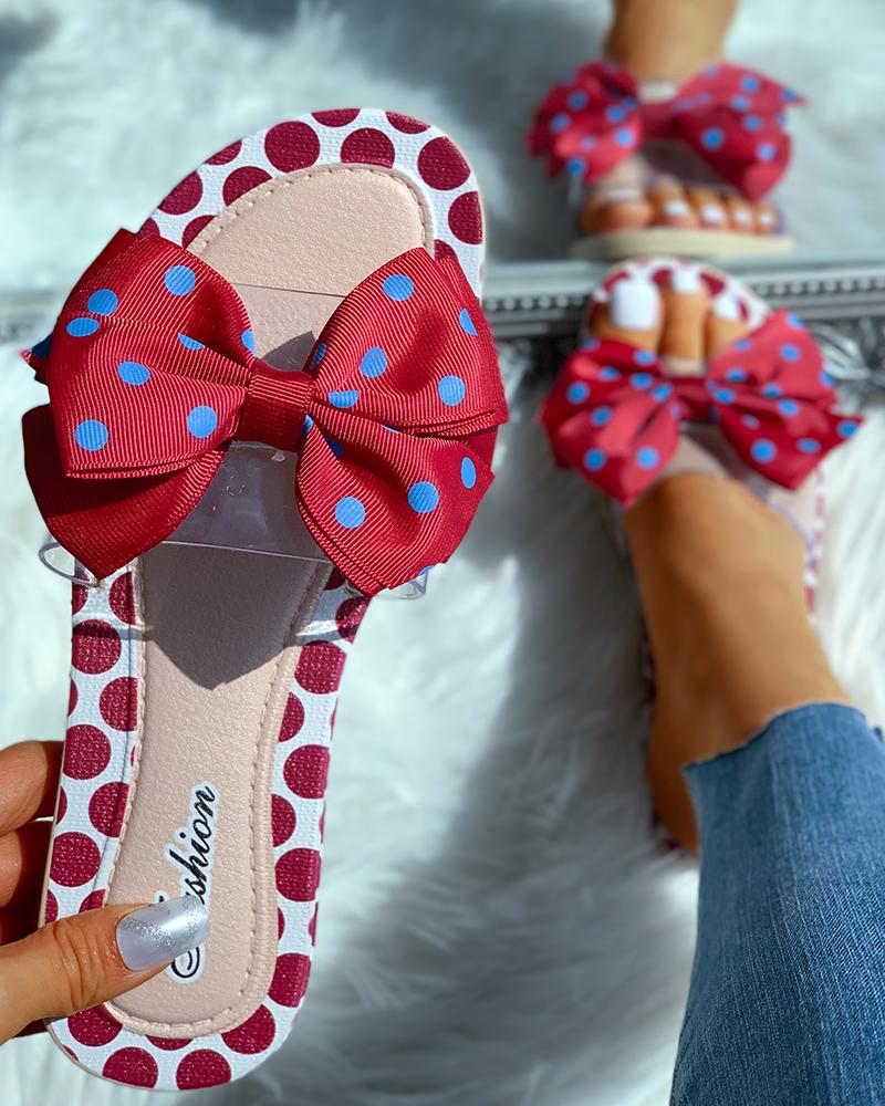 

Transparent Strap Bowknot Dot Flat Slipper, Hot pink