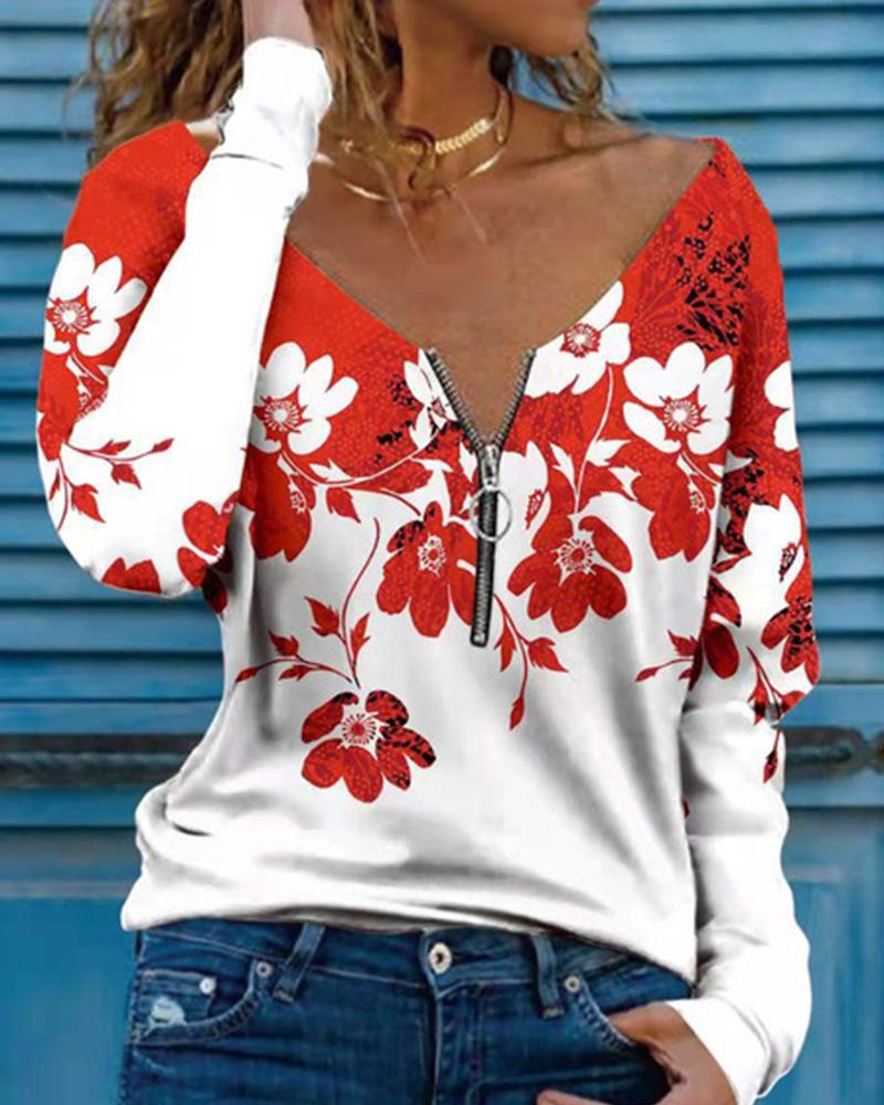 

Floral Print Half Zipper Long Sleeve Top, Style3