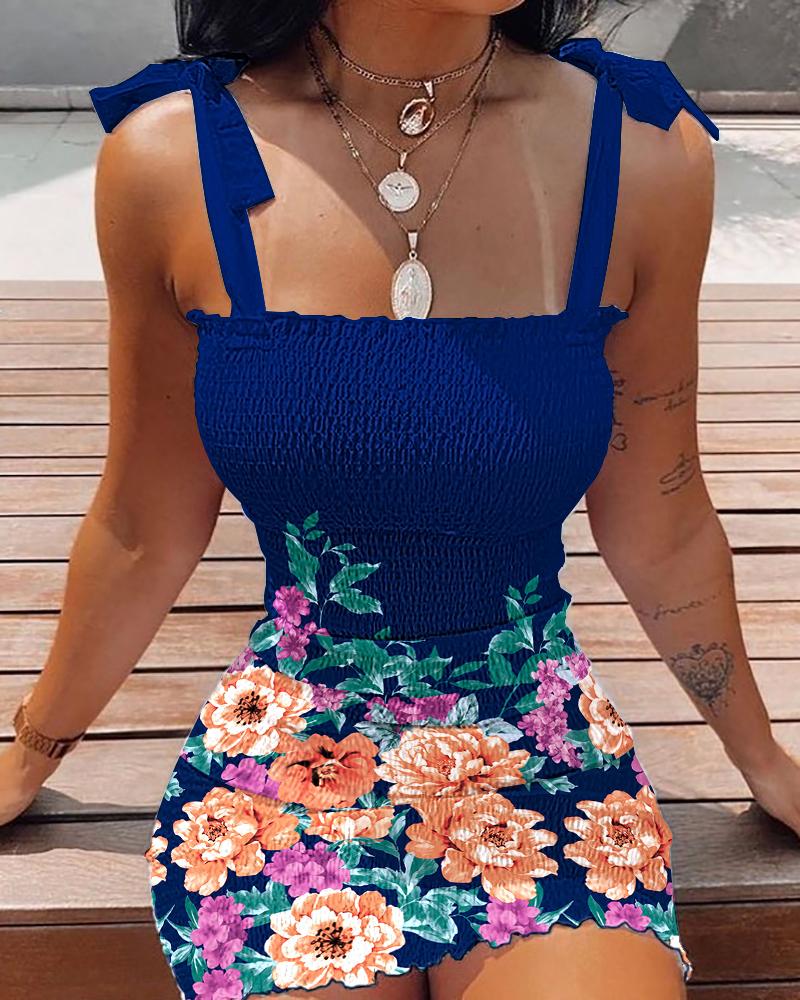 

Floral Print Tied Detail Shirred Bodycon Dress, Purplish blue
