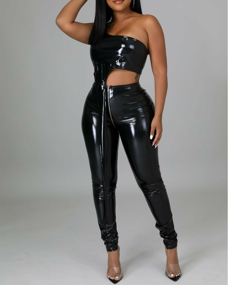 

PU Leather One Shoulder Crop Top & Zipper Pants Set, Black