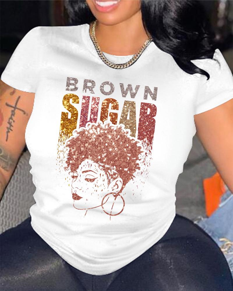 

Figure Letter Print Short Sleeve Casual T-shirt, White