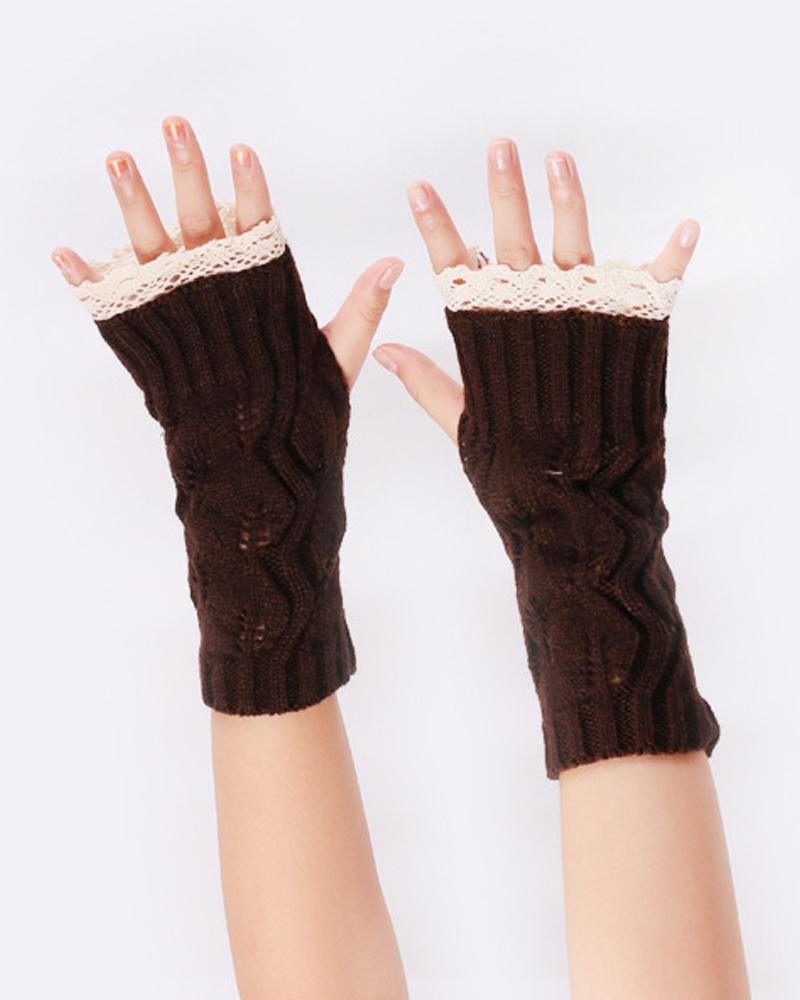 

1Pair Contrast Lace Knit Fingerless Gloves, Coffee