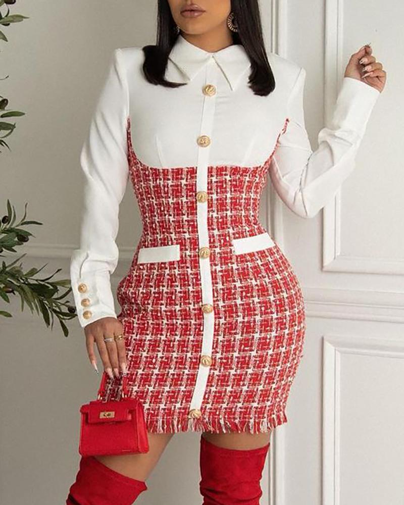 

Tweed Buttoned Raw Hem Shirt Dress, Red