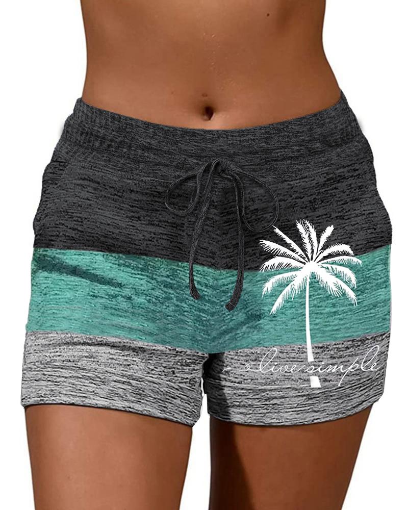 

Coconut Tree Print Striped Colorblock Drawstring Shorts, Multicolor