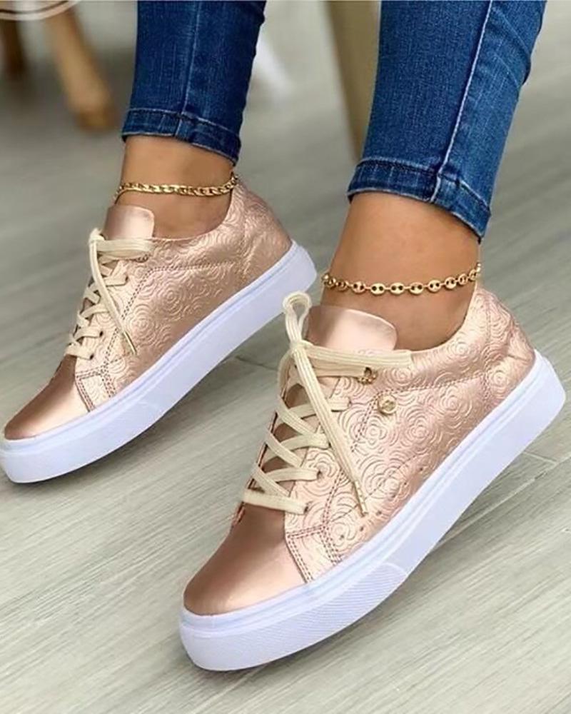 

Floral Pattern Lace-up Eyelet Sneakers, Rose gold