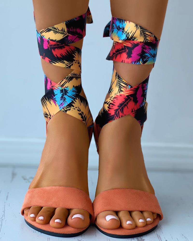 

Palm Tree Print Strappy Suede Flat Sandals, Orange
