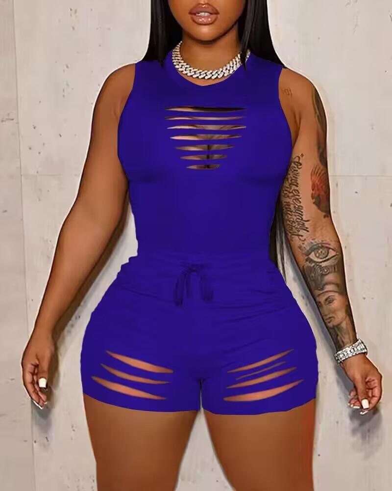 

Ladder Cutout Tank Top & Drawstring Shorts Set, Blue