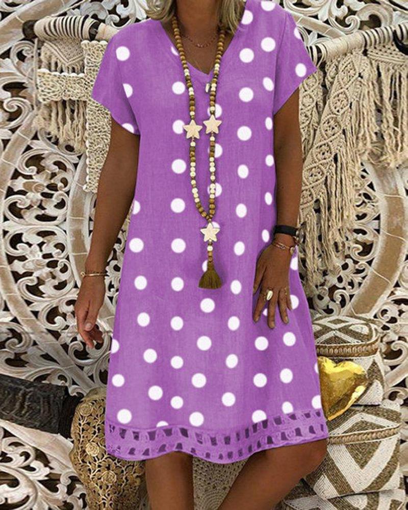 

Polka Dot Print Hollow Out Casual Dress, Purple