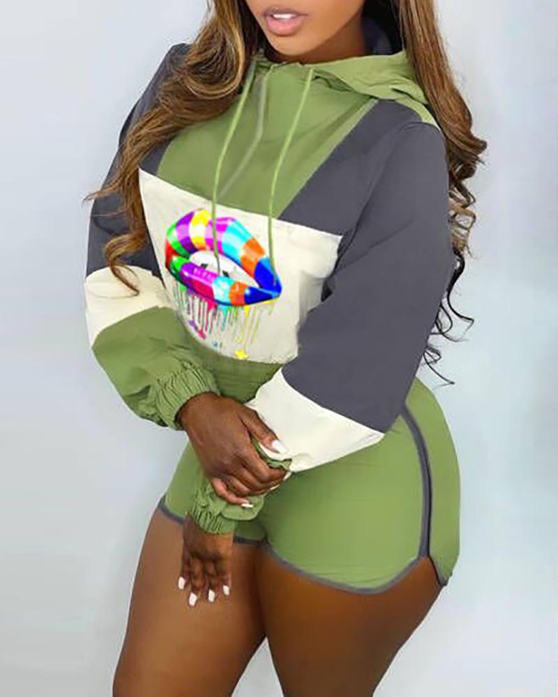 

Lip Print Colorblock Hooded Top & Shorts Set, Green