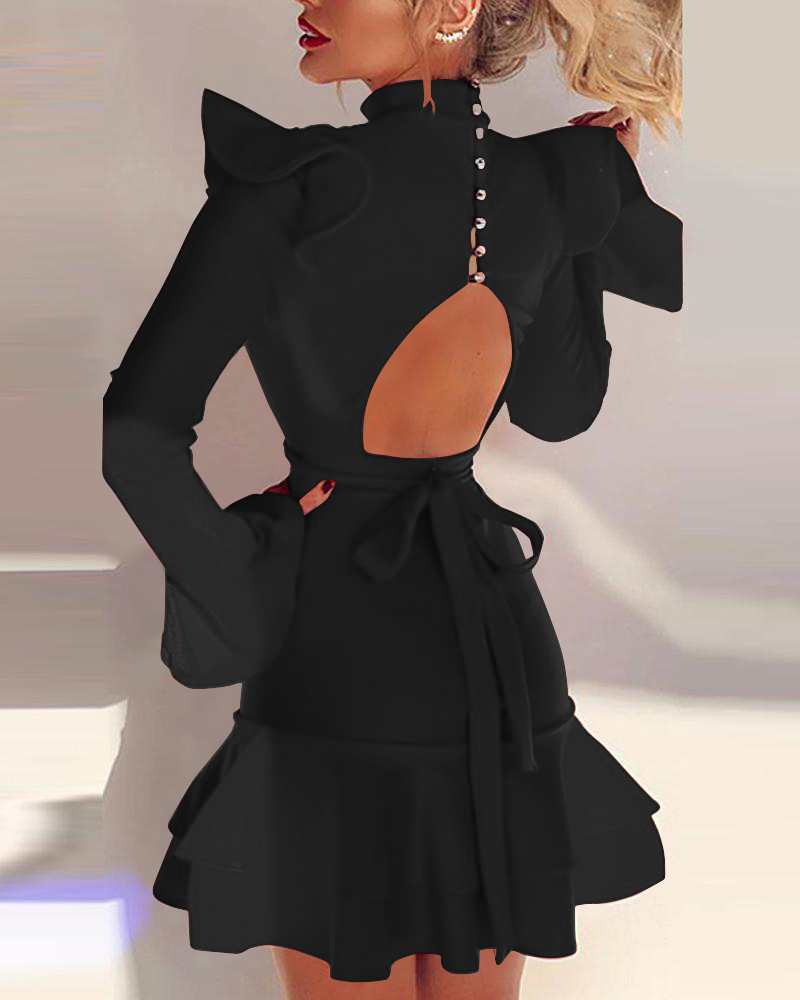 

Solid Backless Ruffle Long Sleeve Dress, Black