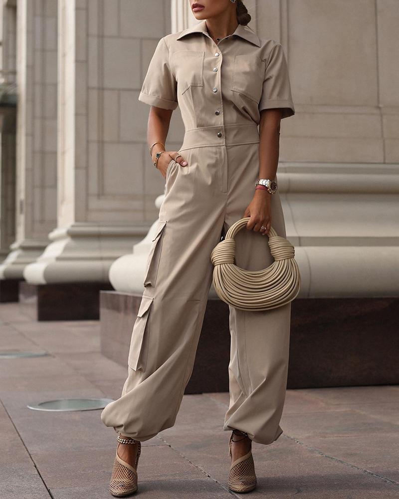 

Pocket Design Buttoned Harem Cargo Jumpsuit, Khaki