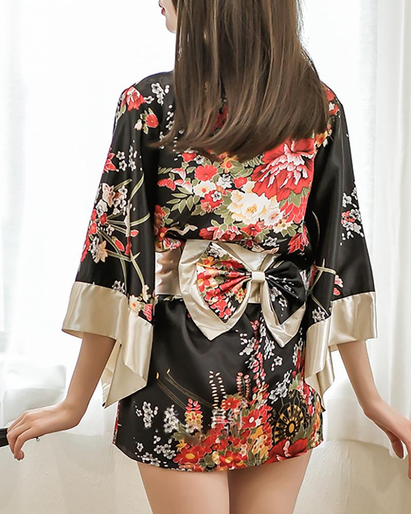 

Kimono Floral Print Wrap Robe With Belt & Thong, Multicolor