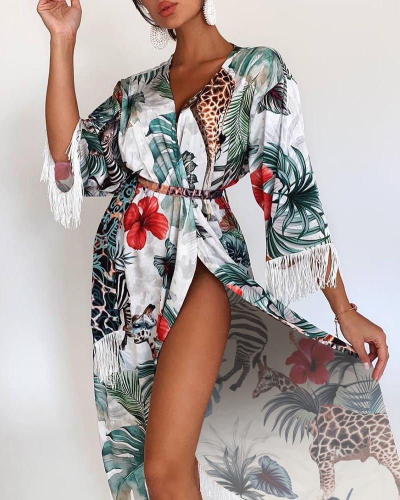 

Tropical Animal Print Tassel Design Dress, Green