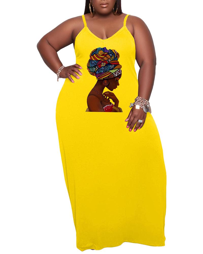

Plus Size Figure Print Spaghetti Strap Maxi Dress, Yellow