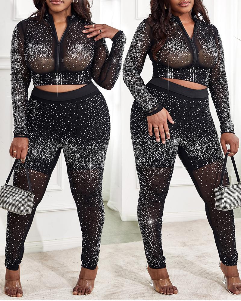 

Mesh Plunge Rhinestone Top & High Waist Pants Set, Black
