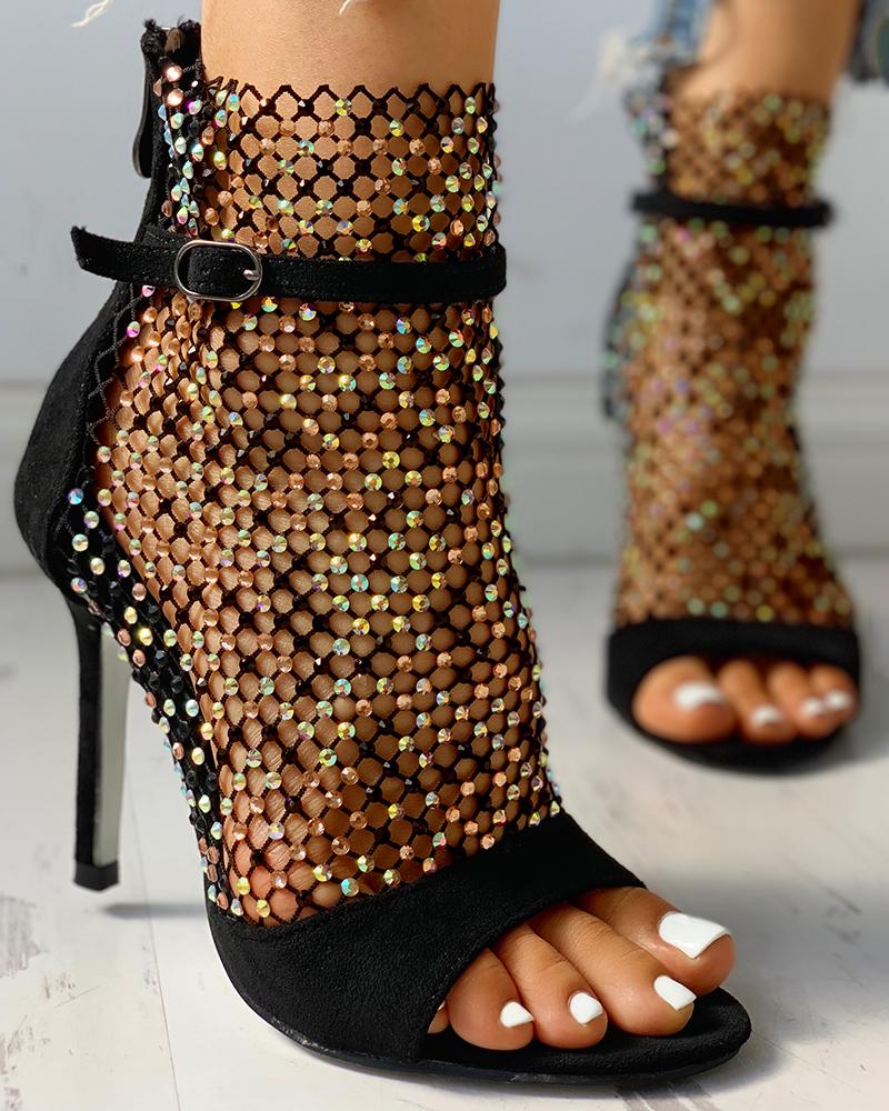 Talons fins en maille transparente avec strass et bout ouvert