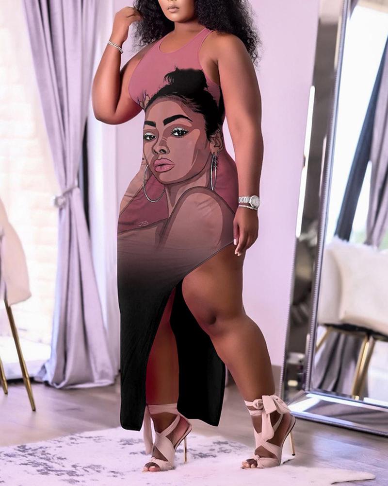 

Plus Size Figure Print Backless High Slit Dress, Brown