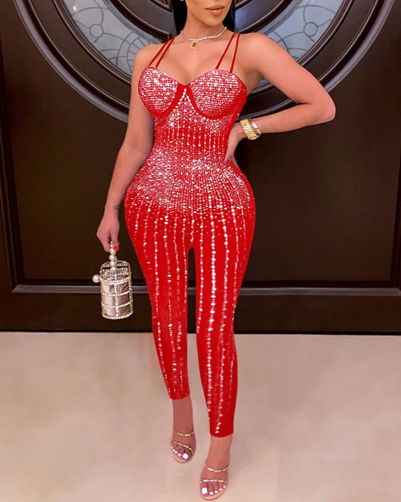 

Rhinestone Decor Sleeveless Sheer Mesh Jumpsuit, Red