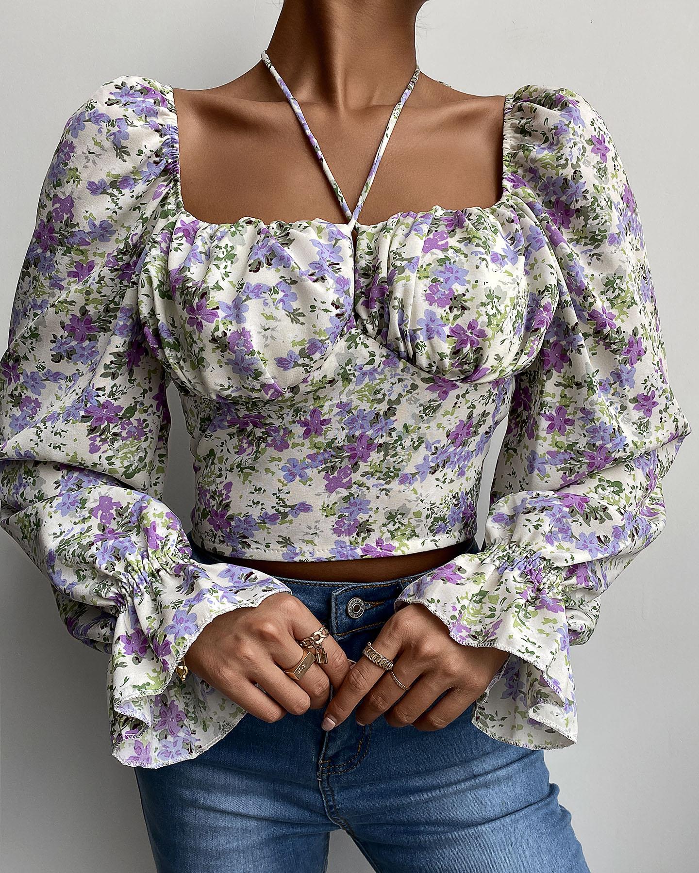 

Floral Print Bell Sleeve Backelss Ruched Crop Top, Multicolor